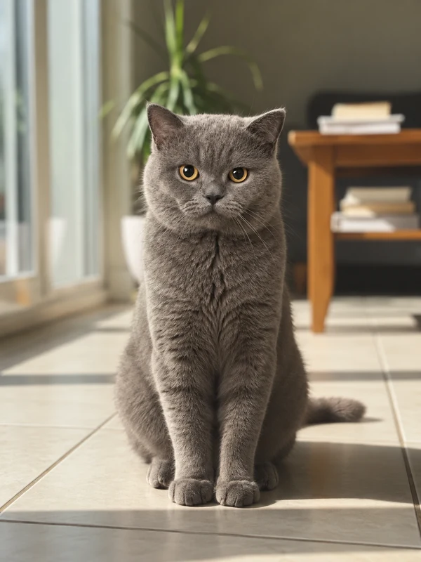 Example cat photo: a gray British Shorthair sitting by a window